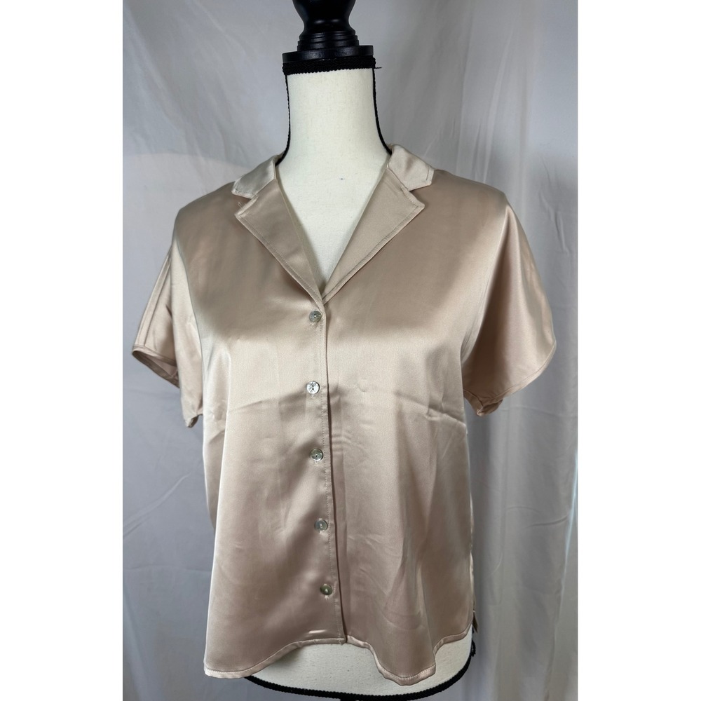 Rachel Zoe Beige Satin Short Sleeve Button Down Blouse Womens Large Excellent